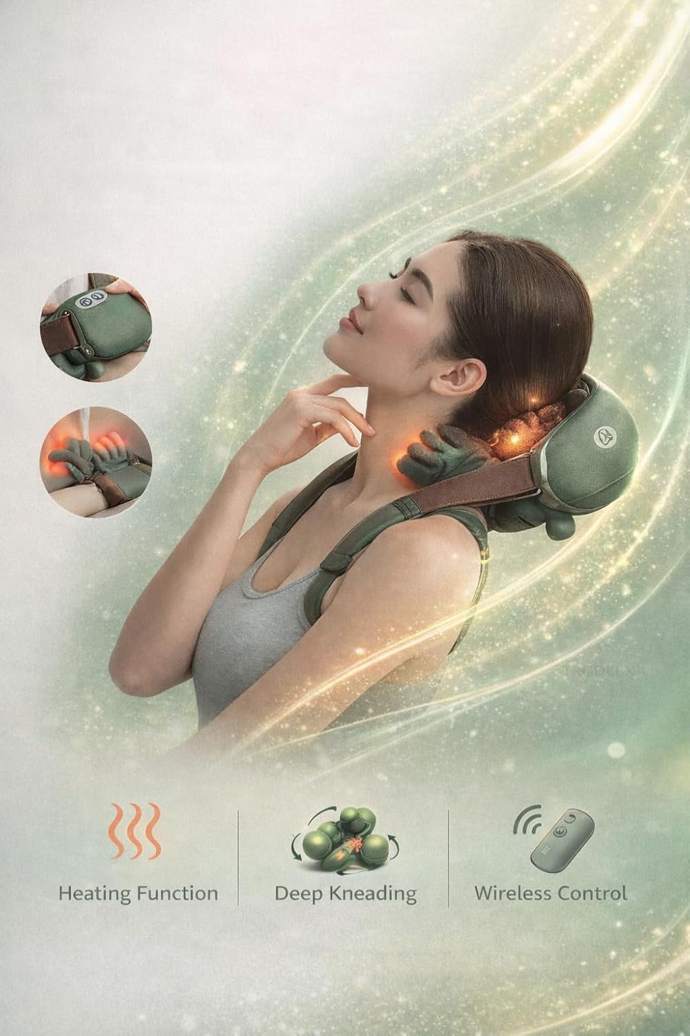 Woman relaxing with the Jabón massager warming her neck
