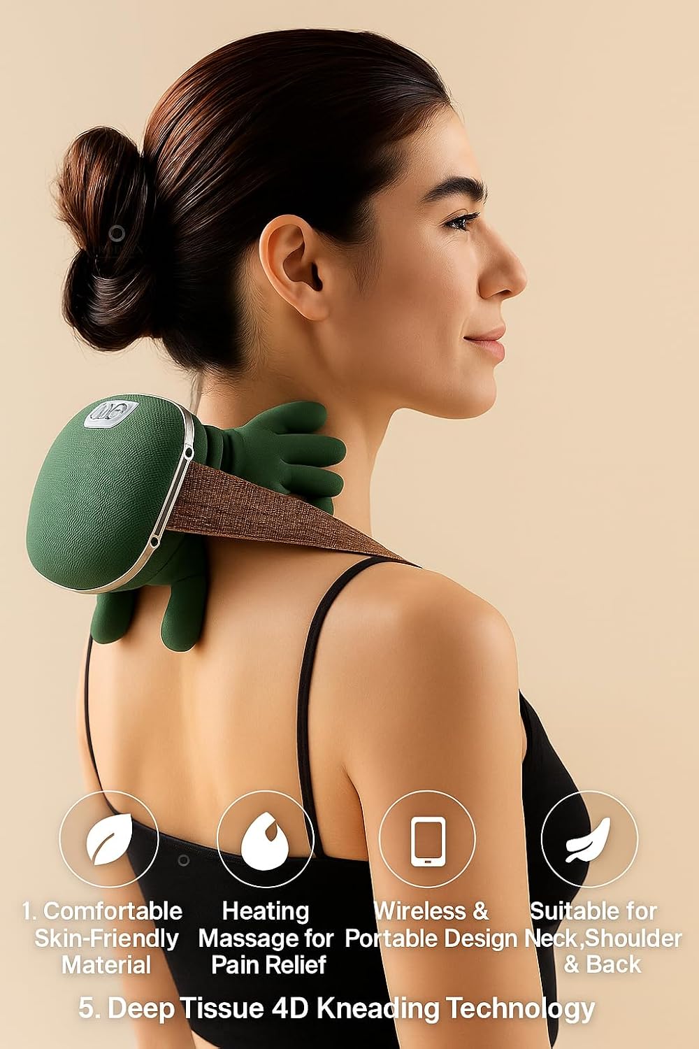 Woman wearing the Jabón neck massager over her shoulder